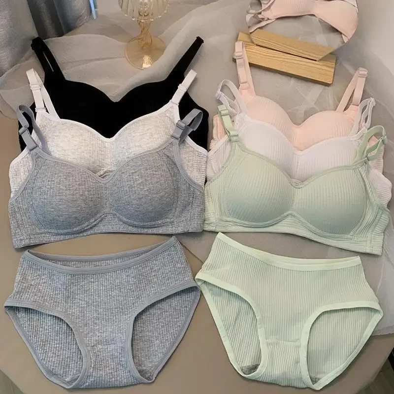 Cotton Bra Everyday - ผู้หญิงไม่มีรอยต่อชุดชั้นในกางเกง + สายฟรีชุดชั้นใน2Pcs ชุดสีทึบชุดชั้นใน Bralette Brassiere